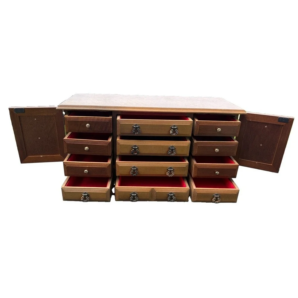 Vintage Wooden Jewelry Armoire Cabinet Lion Head Doors Red Felt Lined 13 Drawer